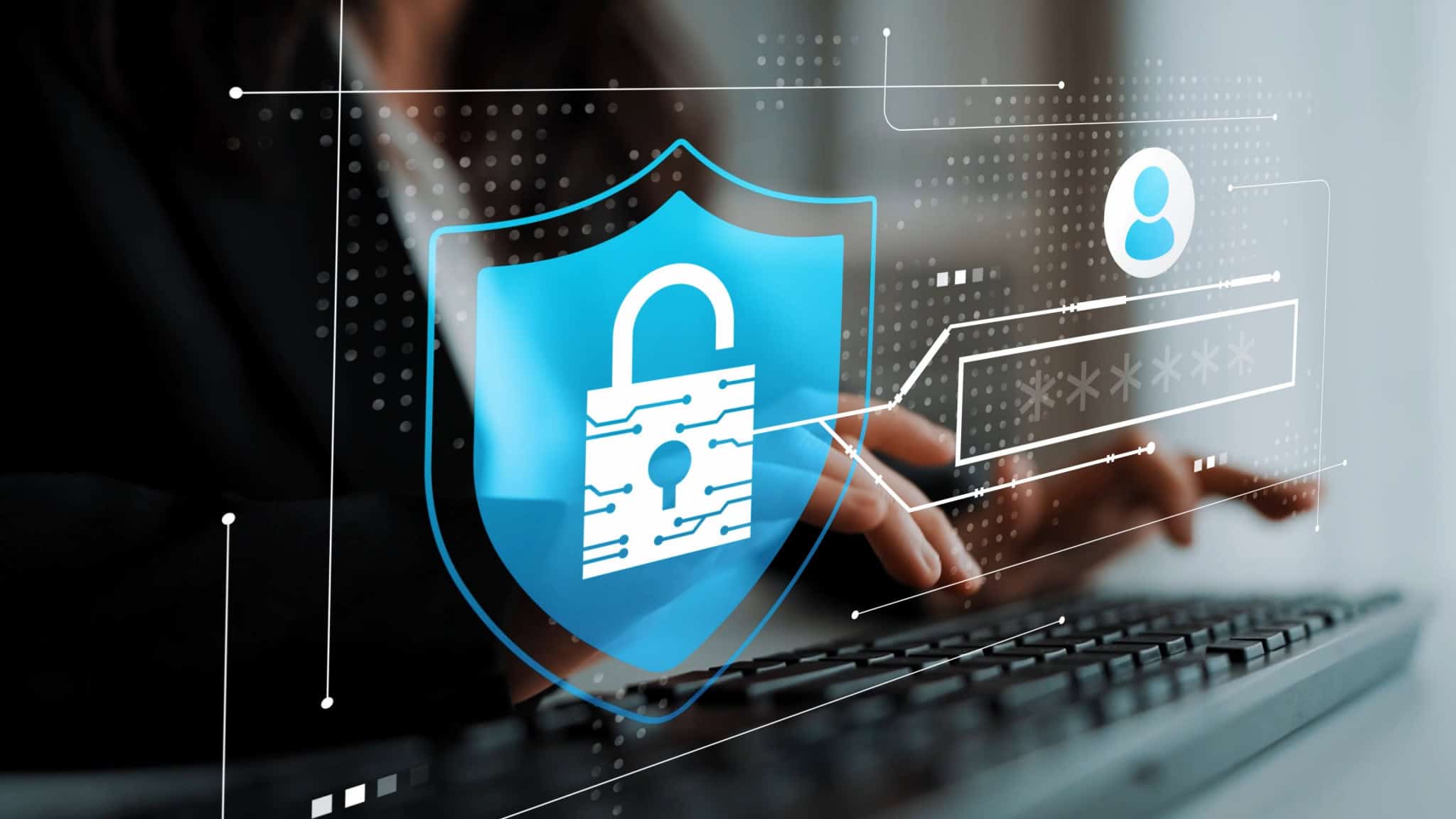 Conceito de segurança digital com um cadeado simbolizando proteção de dados e privacidade online, apresentando um usuário digitando em um teclado