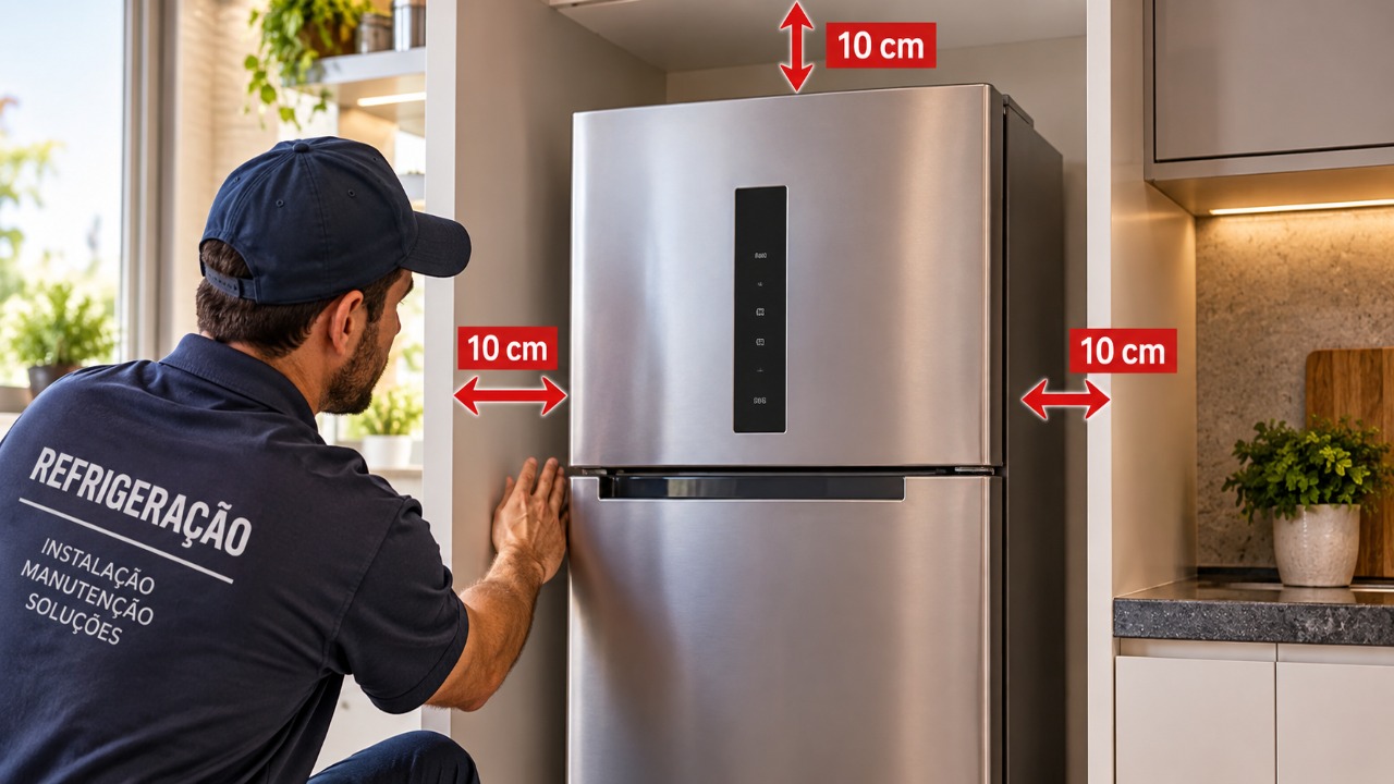 Técnico de refrigeração que posiciona geladeiras há anos repete o mesmo conselho: alguns modelos precisam de 10 centímetros nas laterais, 10 no fundo e 10 no topo, conforme orientação do fabricante, porque deixar o aparelho apertado prejudica a circulação de ar e pode provocar ruídos
