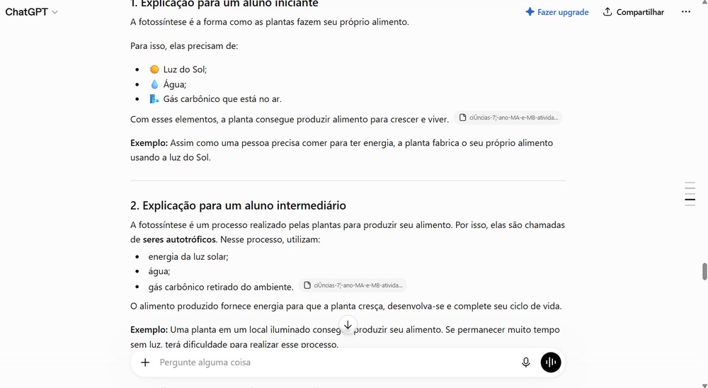 Explicação de tema escolar feita pelo ChatGPT — Foto: Captura de tela / Eduarda Melo