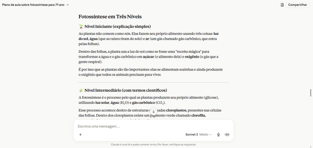 Explicação de tema escolar feito pelo Claude — Foto: Captura de tela / Eduarda Melo
