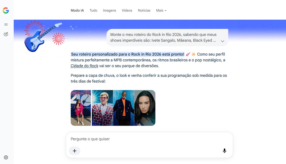 Rock in Rio: resultado de roteiro personalizado gerado pelo Modo IA do Google — Foto: Cecile Mendonça/TechTudo