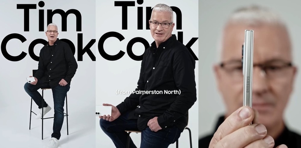 Tim Cook neozelandês, homônimo do ex-CEO da Apple, estrela campanha provocativa da Samsung para promover o Galaxy Z Fold 8 — Foto: Reprodução/Samsung