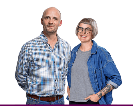 A composite of a man in a checked shirt and a woman in a denim jacket smiling side by side