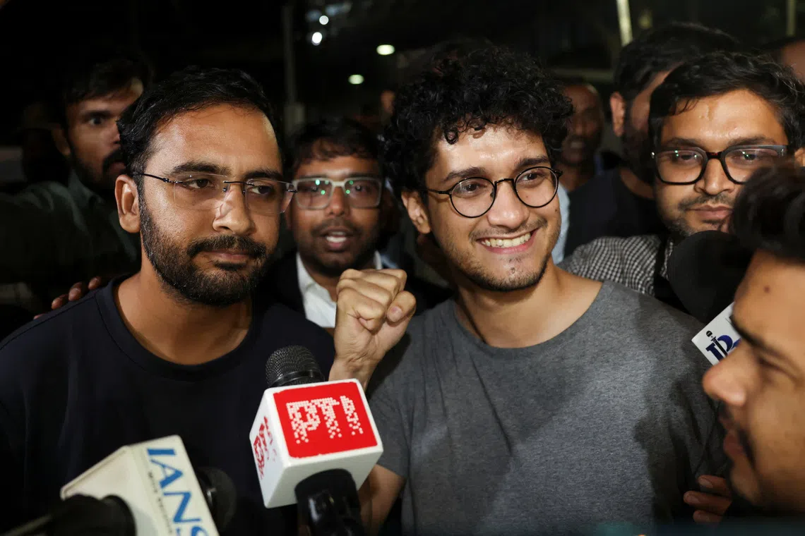 India’s Cockroach Janta Party leaders Saurav Das and Ashutosh Ranka speak to the media upon their release after more than a week in police custody, in New Delhi on Oct 21.