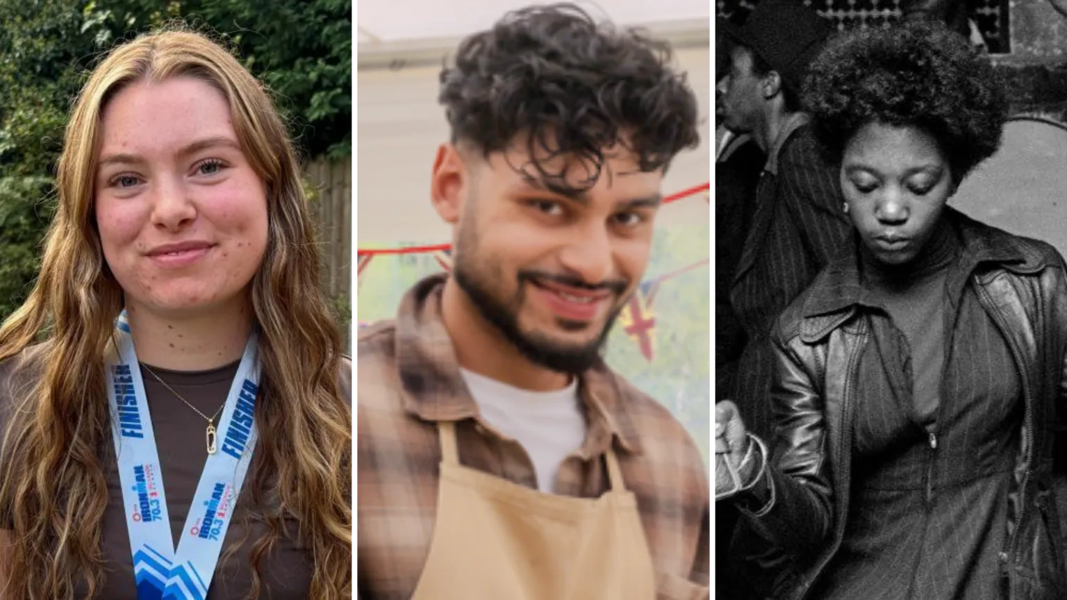 BBC A composite image of three people: a woman with long brown hair and a blue and white lanyard standing in a garden; a man with black hair and beard standing with an apron in a tent with union jack bunting behind him; and a black-and-white shot of a woman dancing, wearing a black leather coat.