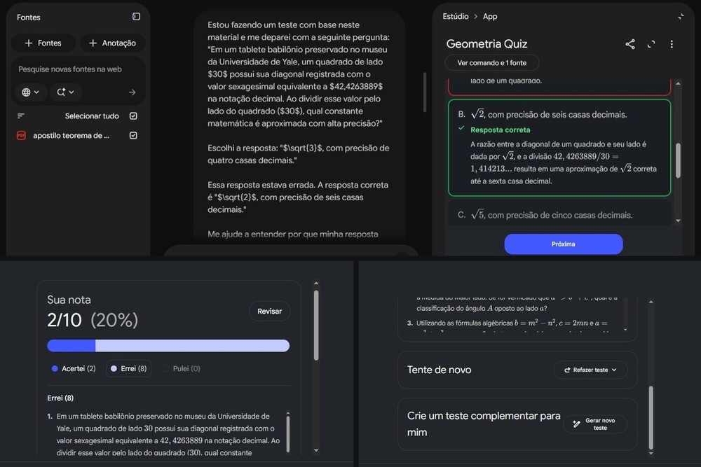 Após cada resposta, o teste no NotebookLM indica acerto ou erro e permite pedir explicações — Foto: Diedrich Bader/TechTudo