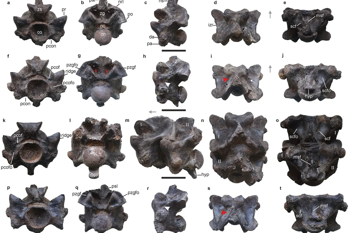 Imagem colorida de vertebras de cobra gigante - Metrópoles