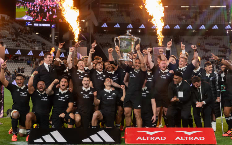 New Zealand All Blacks celebrate after winning the Bledisloe Cup after the New Zealand All Blacks v Australia Wallabies, Bledisloe Cup Rugby Test Match at Eden Park, Auckland, New Zealand on Saturday 10th October 2026.