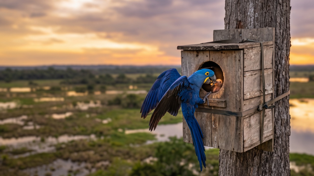 Em 1990, uma bióloga contou as araras-azuis que sobravam no Pantanal e chegou a cerca de 1.500 aves, com a espécie sendo levada para o tráfico aos milhares: 35 anos depois são mais de 6 mil, e a virada começou com uma ideia simples, pendurar ninhos artificiais de madeira nas fazendas de gado