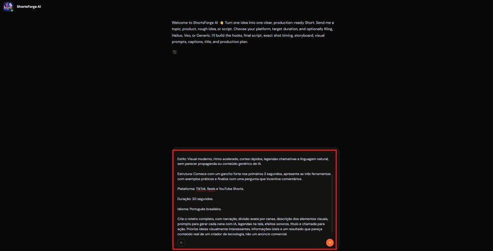 Envie seu prompt para o agente — Foto: Reprodução/Capafy