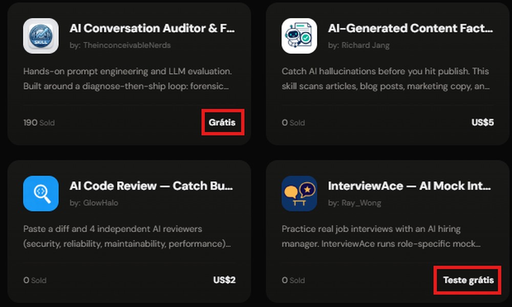 O catálogo diferencia agentes gratuitos, testes grátis e ferramentas que exigem pagamento por uso ou assinatura. — Foto: Reprodução/Capafy